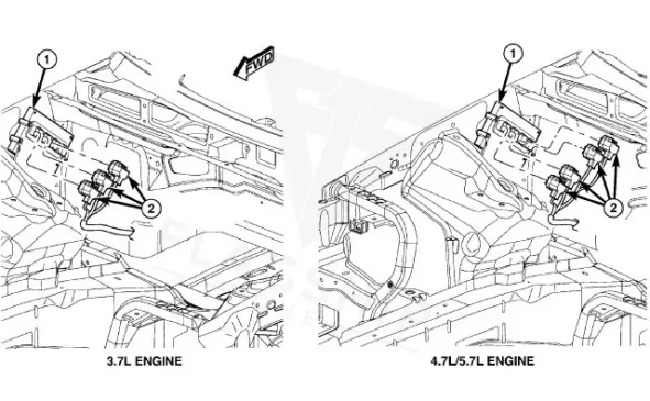 2006 Jeep Commander 3.7L PCM location diagram — right-front inner fender