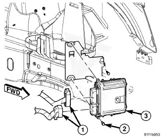 Figure from the factory control-module removal procedure for the 2014 Dodge Caravan